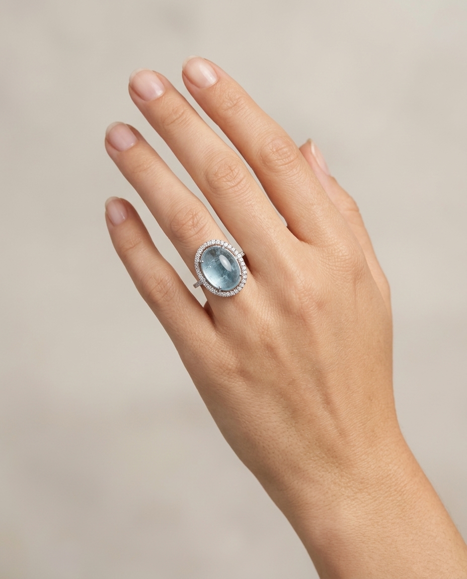 14KT White Gold Aquamarine and Diamonds Ring on model