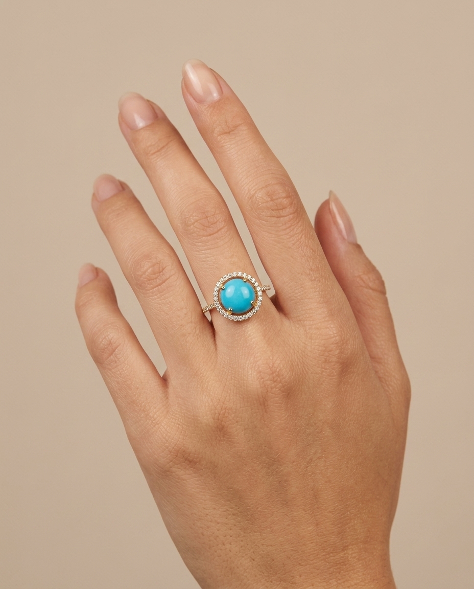 14KT Yellow Gold Turquoise and Diamonds Ring view 2