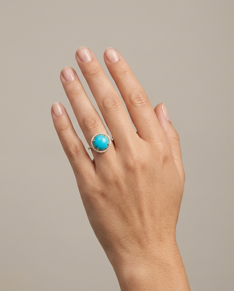 14KT Yellow Gold Turquoise and Diamonds Ring view 2