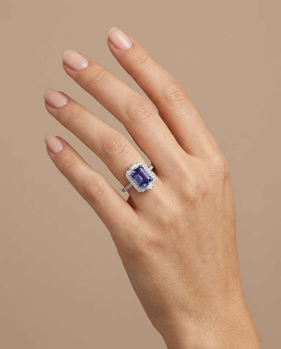 14KT White Gold Tanzanite Emerald Cut Ring with Diamonds on model