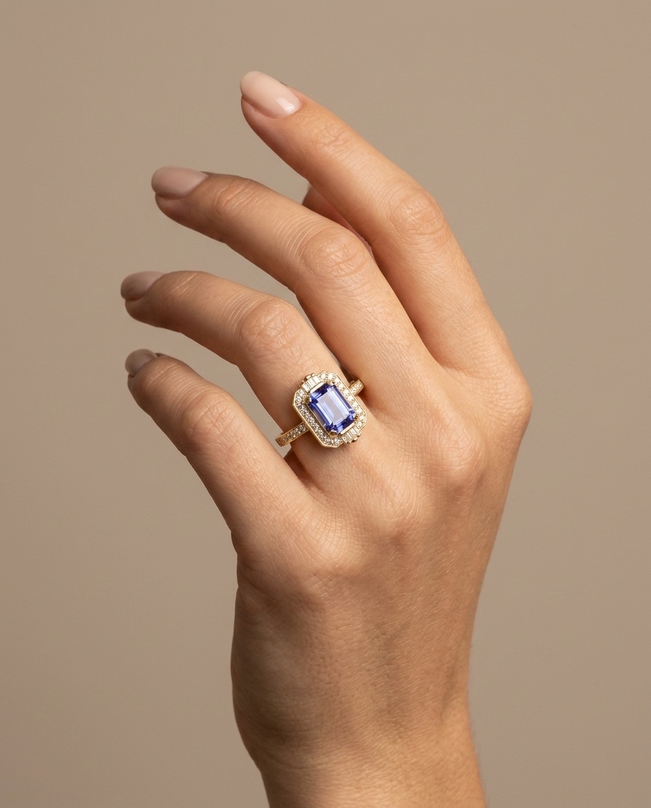 14KT Yellow Gold Tanzanite Emerald Cut Ring with Diamonds on model