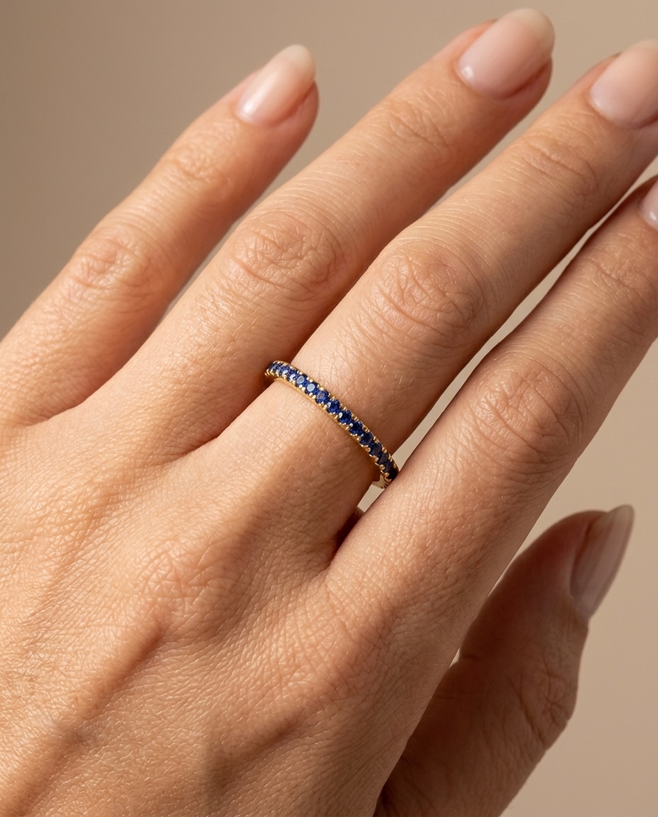 14KT Gold Blue Sapphire Ring Eternity Band view 2