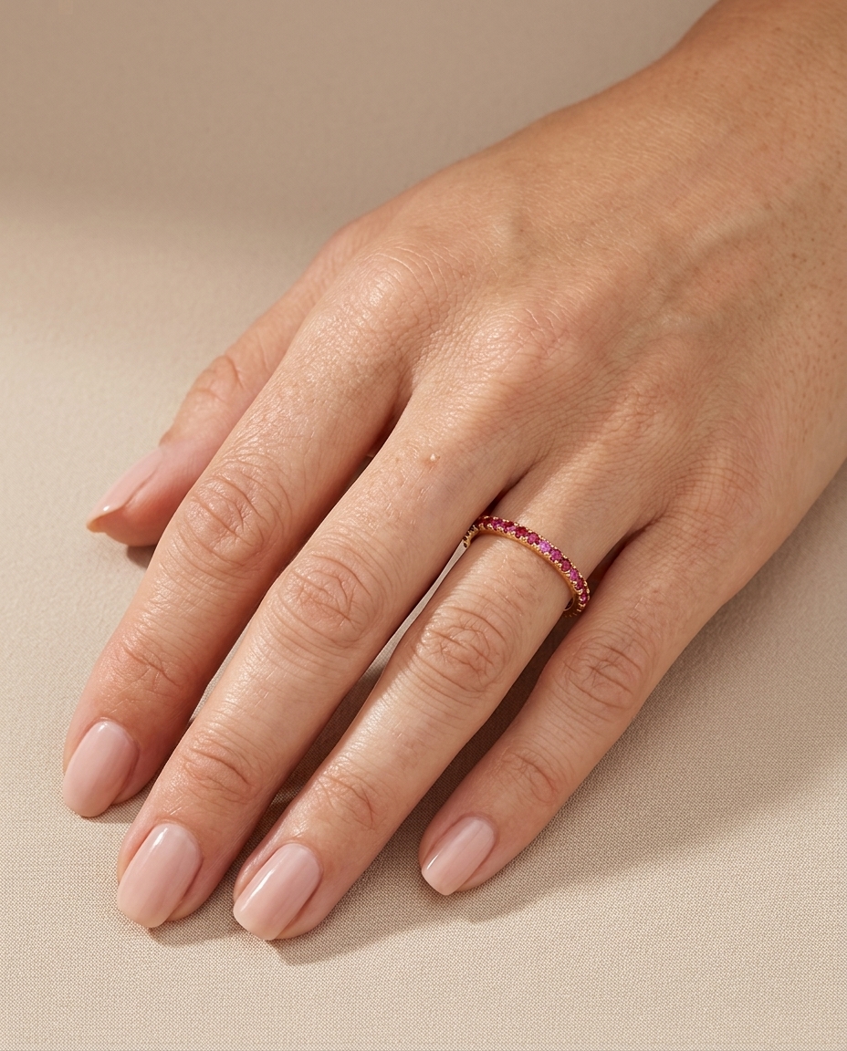 14KT Gold Ruby Diamond Ring Eternity Band on model
