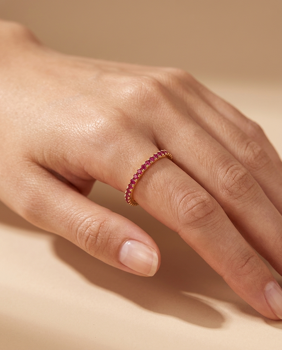 14KT Gold Ruby Diamond Ring Eternity Band on model