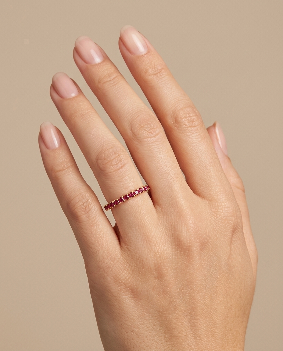 14KT Gold Ruby Diamond Ring Eternity Band on model