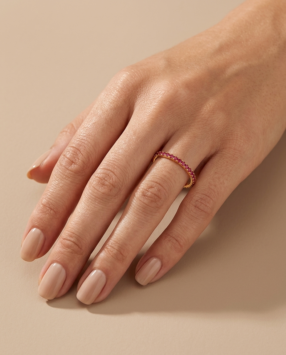 14KT Gold Ruby Diamond Ring Eternity Band on model