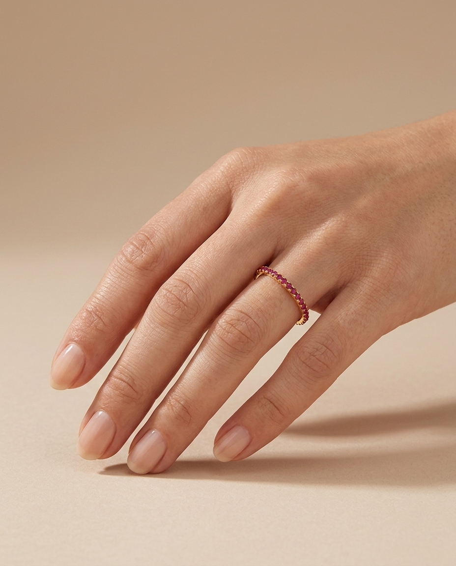 14KT Gold Ruby Diamond Ring Eternity Band on model