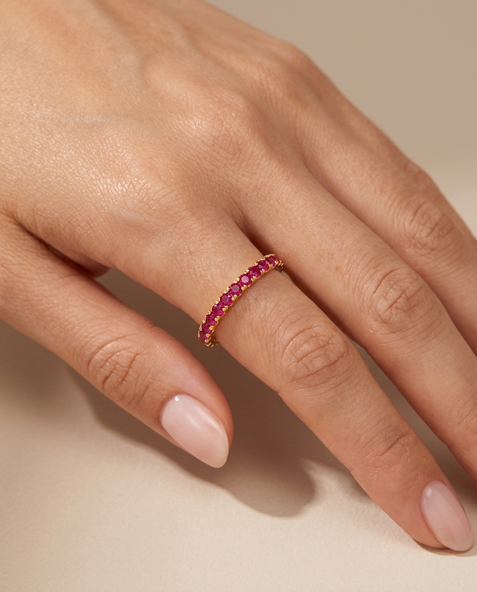 14KT Gold Ruby Diamond Ring Eternity Band on model