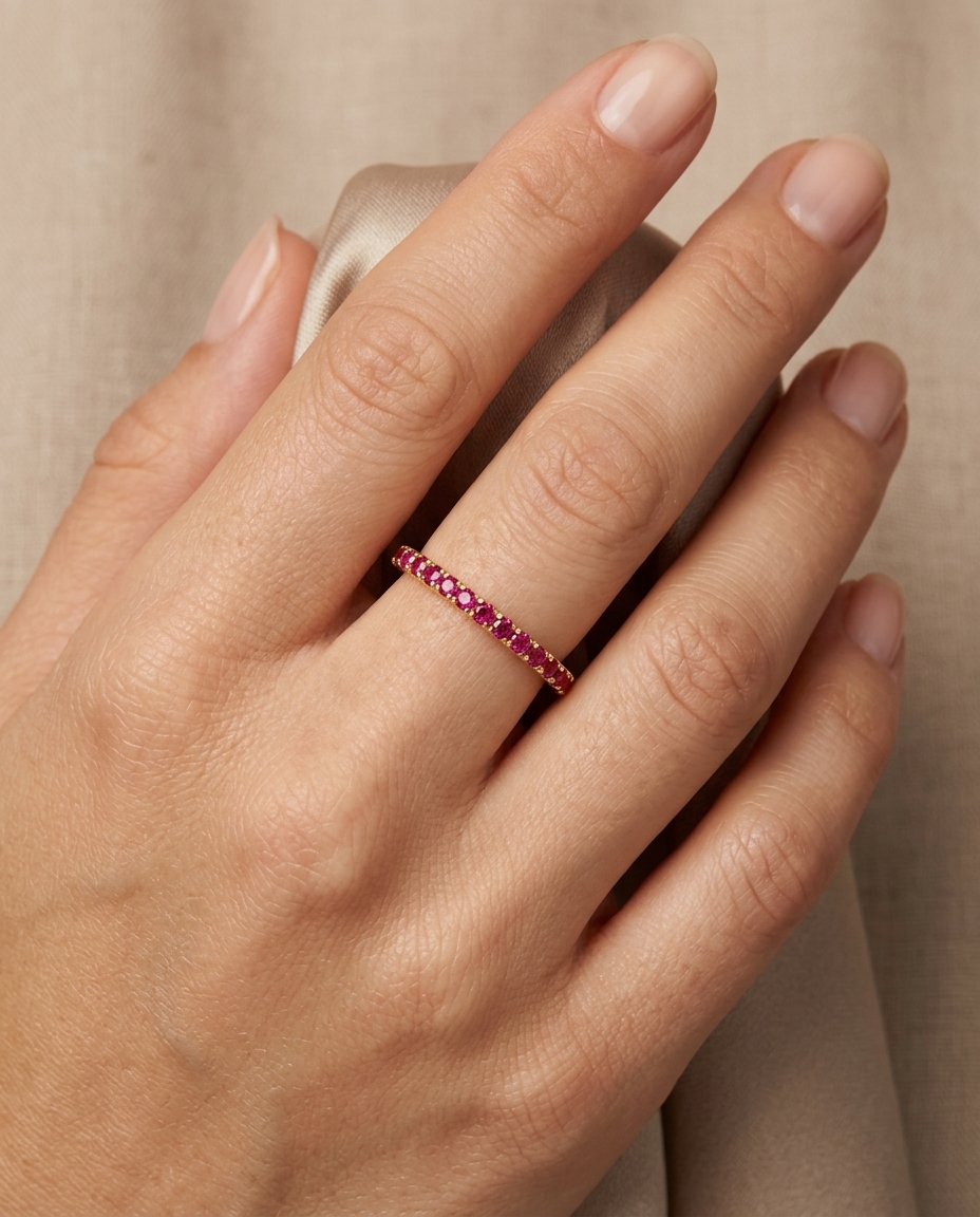 14KT Gold Ruby Diamond Ring Eternity Band on model