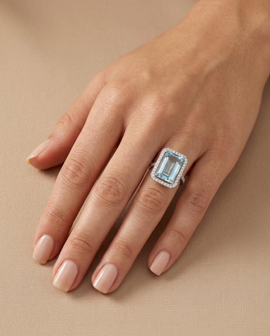 14KT White Gold Aquamarine and Diamonds Ring view 2