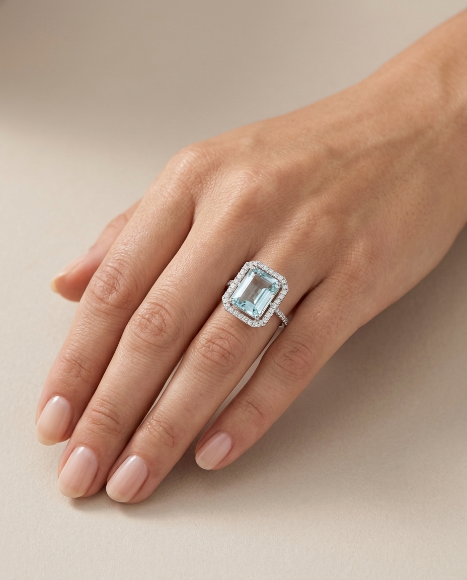 14KT White Gold Aquamarine and Diamonds Ring on model