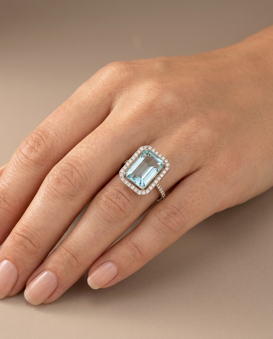 14KT White Gold Aquamarine and Diamonds Ring view 2