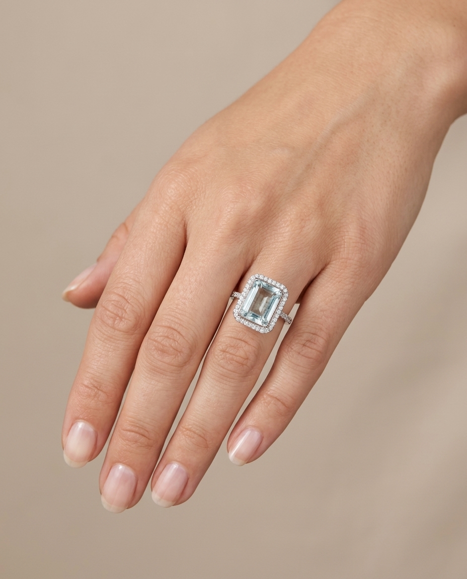 14KT White Gold Aquamarine and Diamonds Ring on model