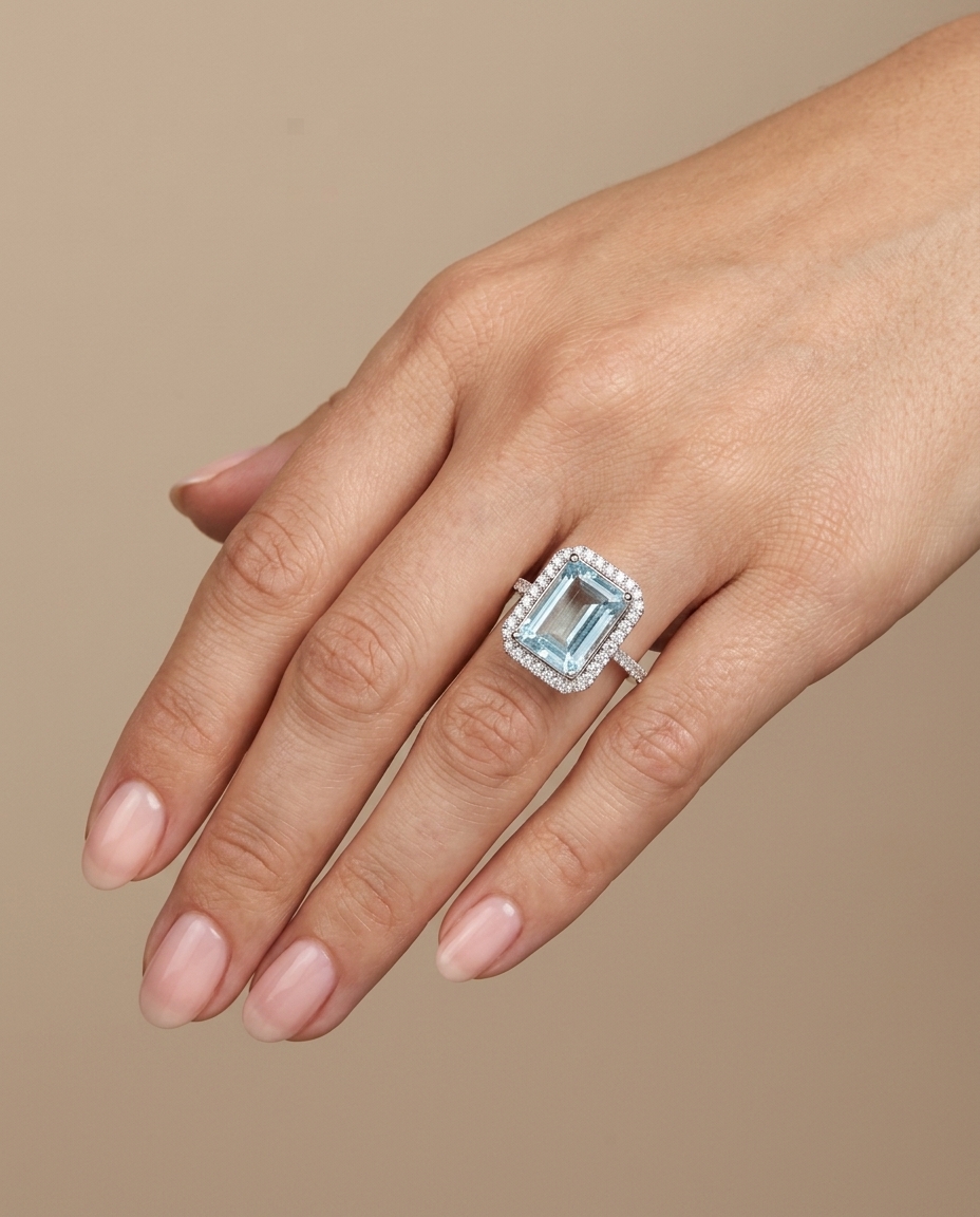 14KT White Gold Aquamarine and Diamonds Ring on model