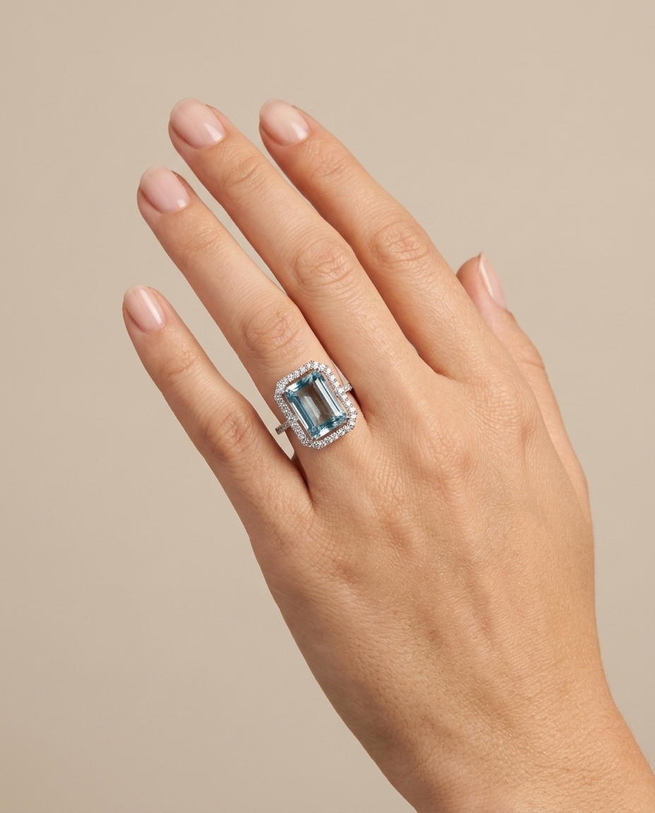 14KT White Gold Aquamarine and Diamonds Ring view 2