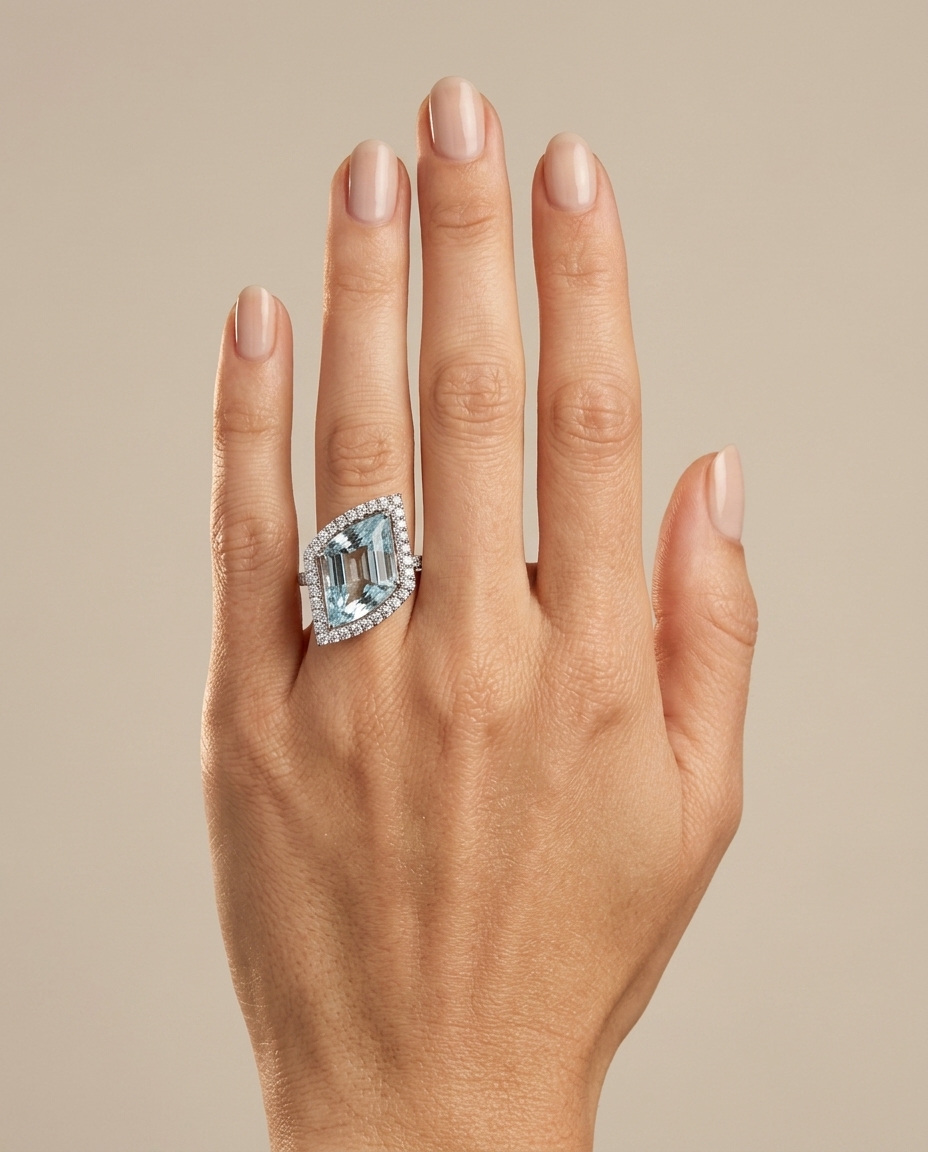 14KT White Gold Aquamarine and Diamonds Ring on model