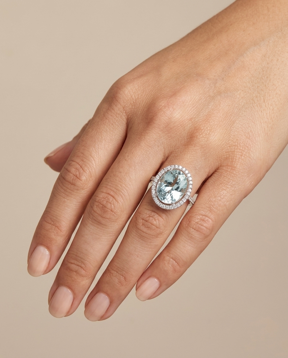 14KT White Gold Aquamarine and Diamonds Ring view 2
