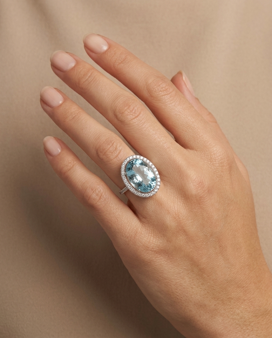 14KT White Gold Aquamarine and Diamonds Ring on model