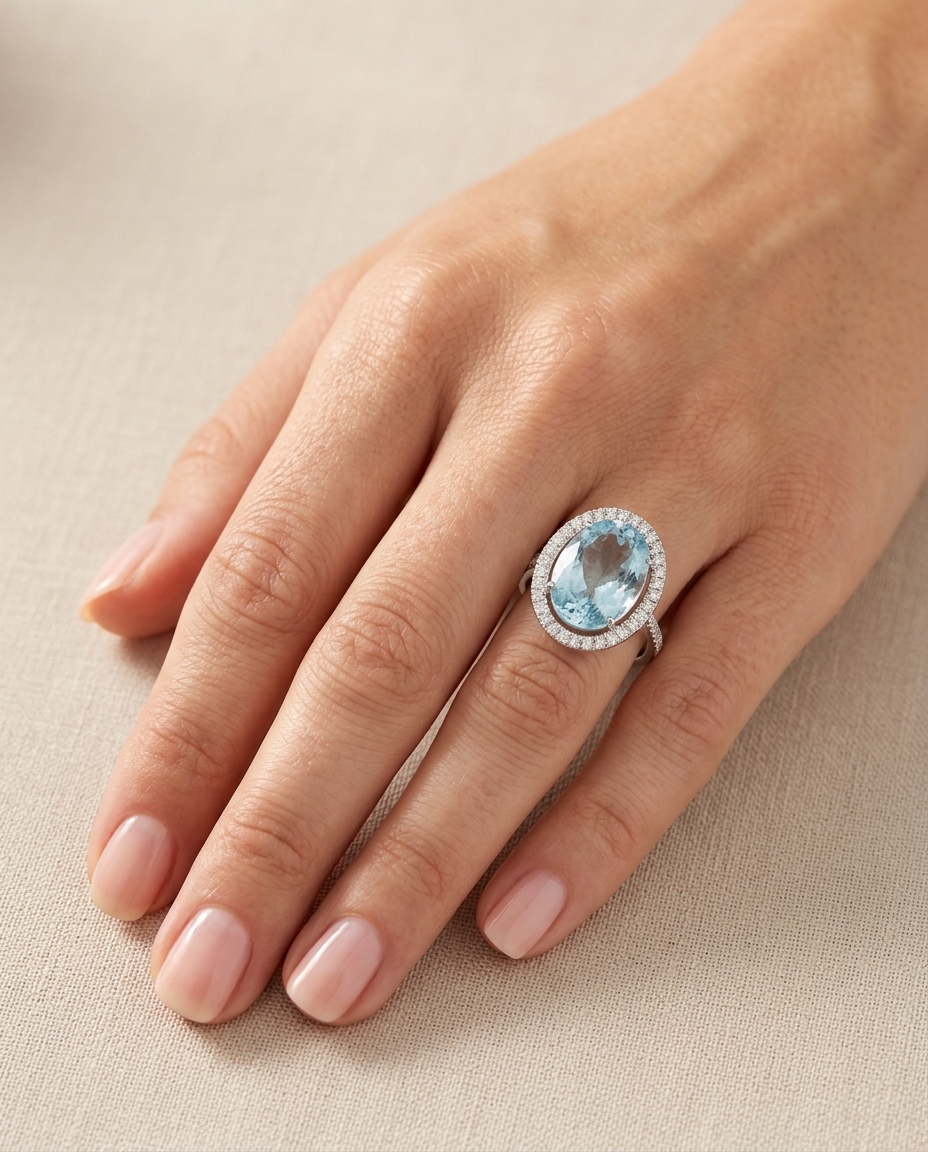 14KT White Gold Aquamarine and Diamonds Ring on model