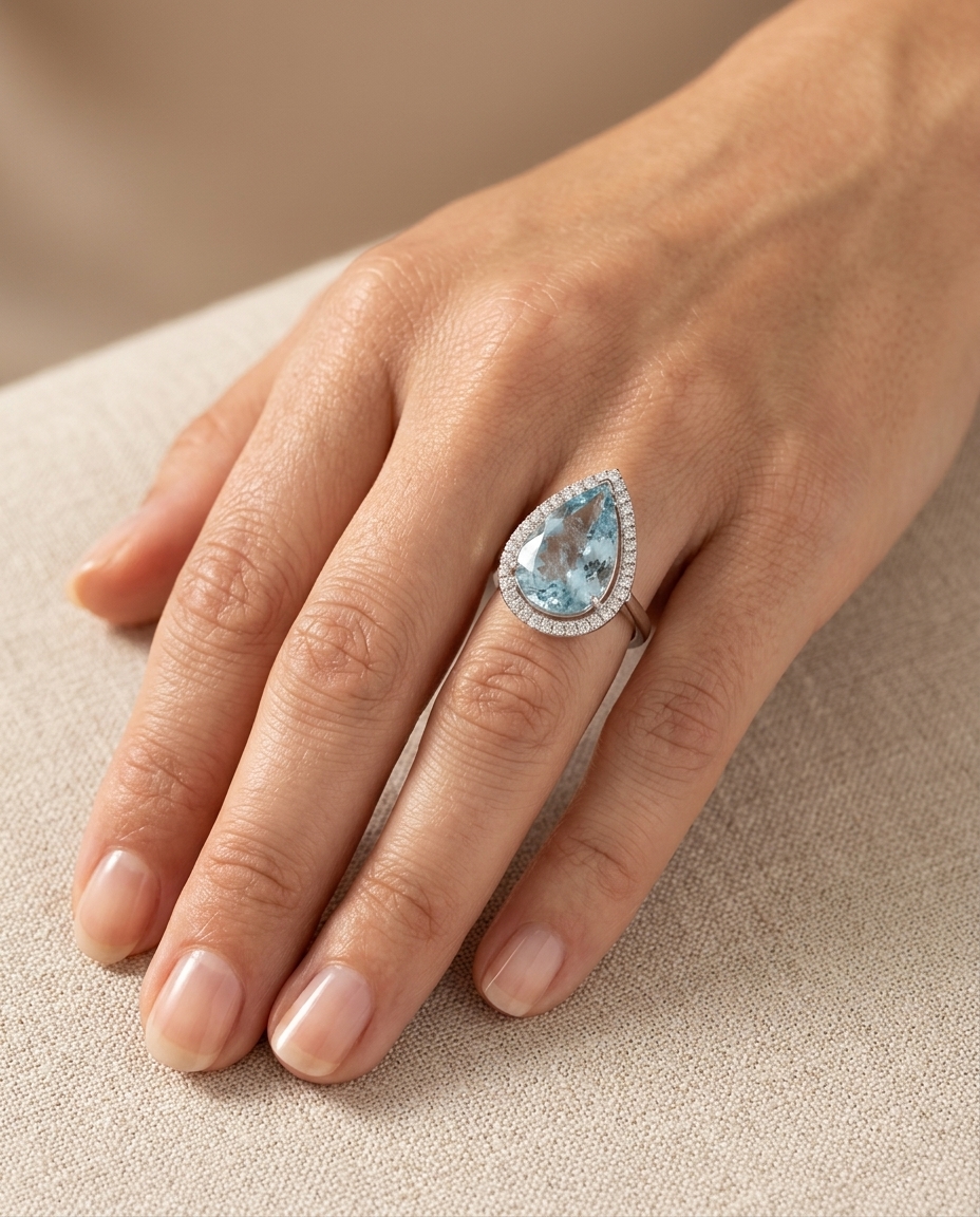 14KT White Gold Aquamarine and Diamonds Ring on model