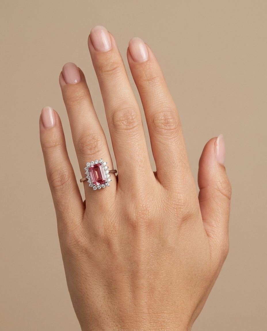 14KT White Gold Pink Tourmaline and Diamonds Ring on model