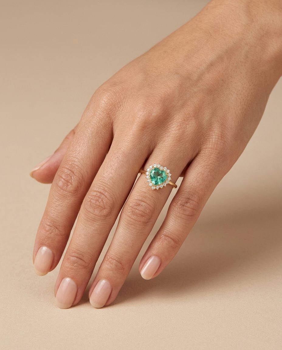 14KT Yellow Gold Green Tourmaline and Diamonds Heart Shape Ring view 2
