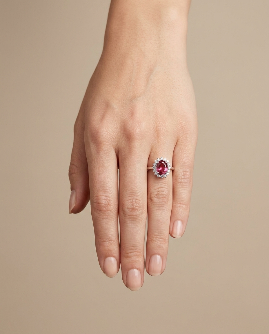 14KT White Gold Pink Tourmaline and Diamonds Ring on model