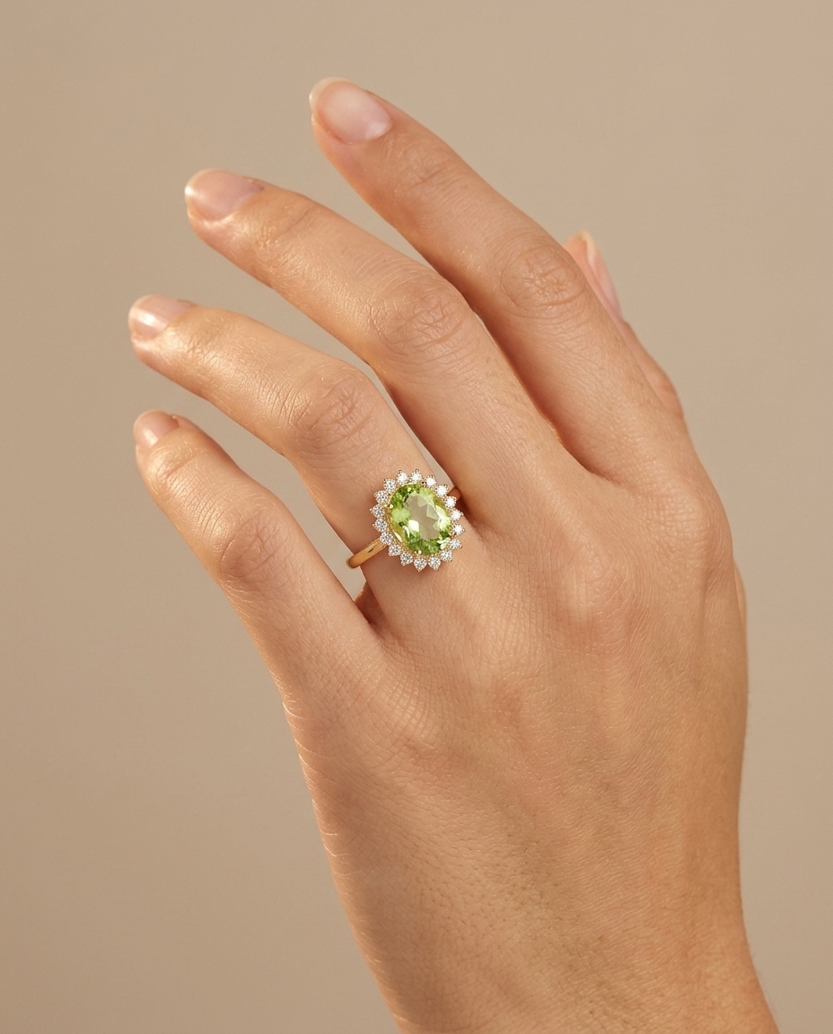 14KT Yellow Gold Green Tourmaline and Diamonds Ring view 2