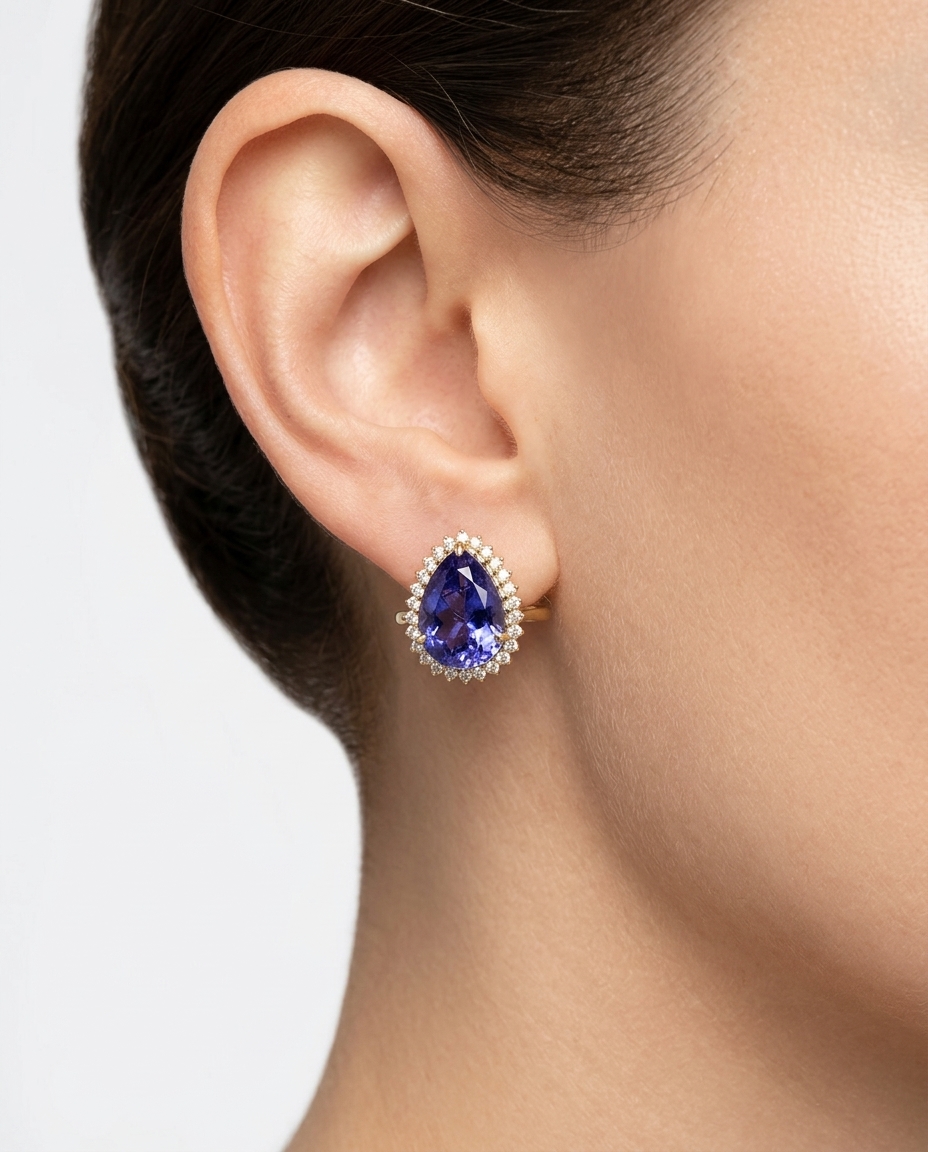14KT Yellow Gold Pear Shape Tanzanite and Diamond Ring on model