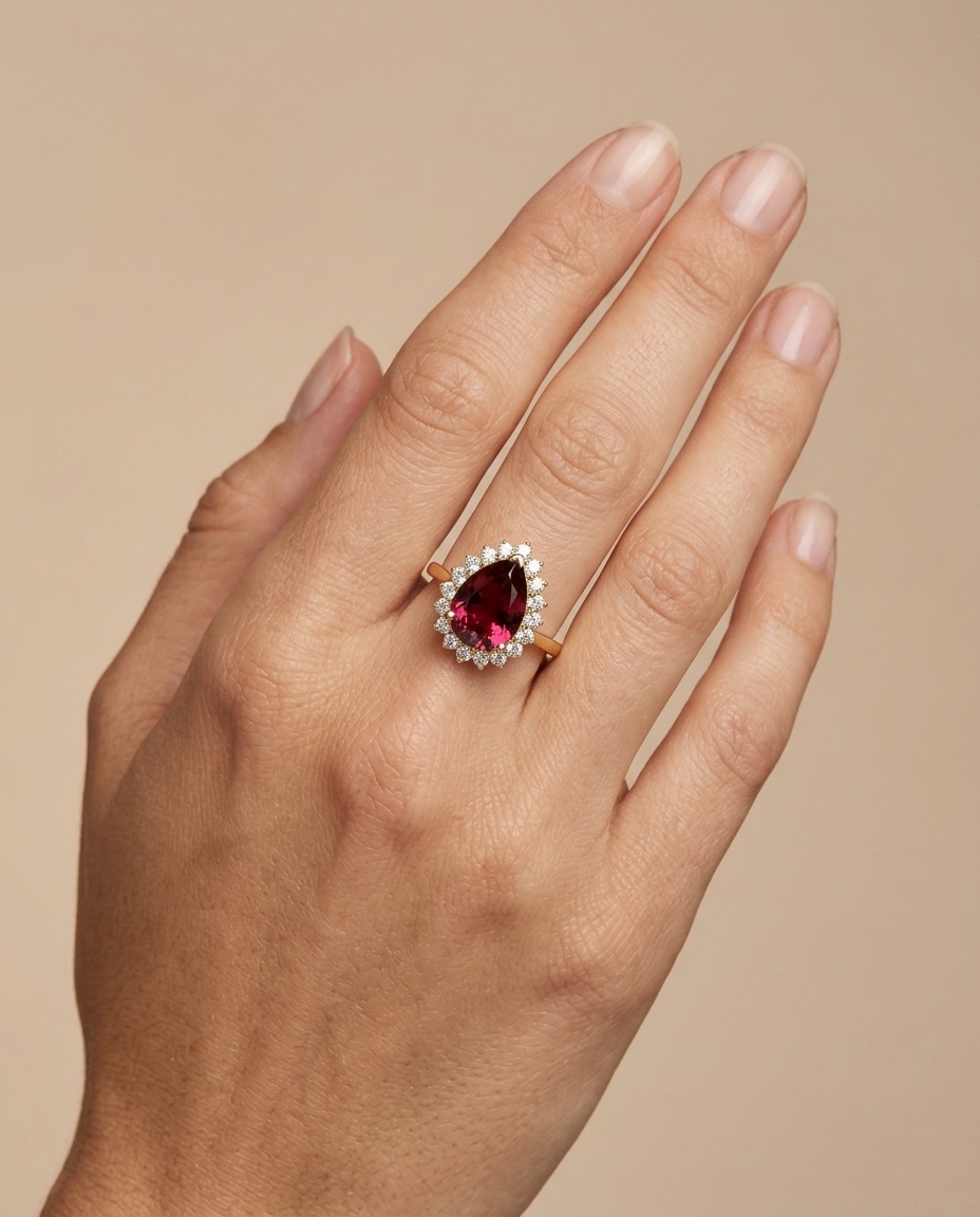 14KT Yellow Gold Pink Tourmaline and Diamonds Ring view 2