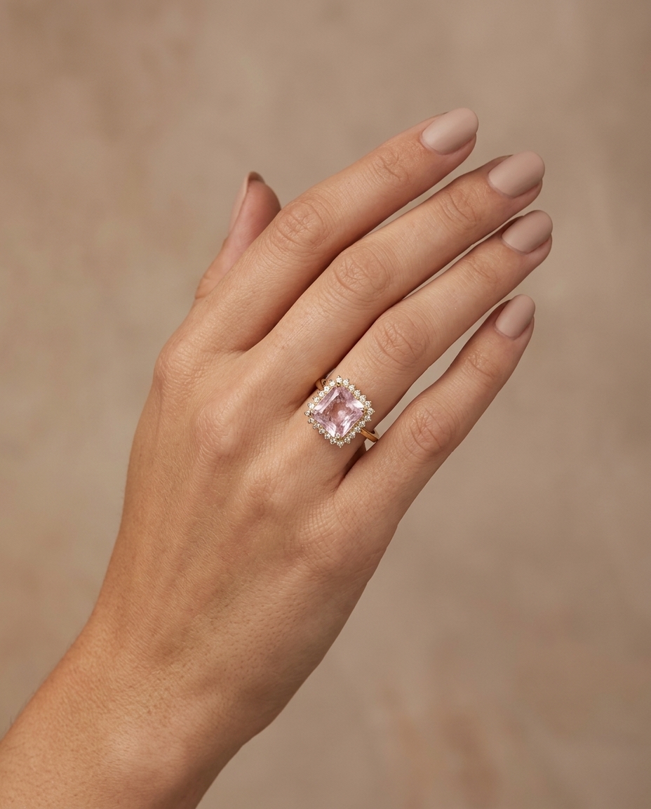 14KT Yellow Gold Kunzite and Diamonds Ring on model