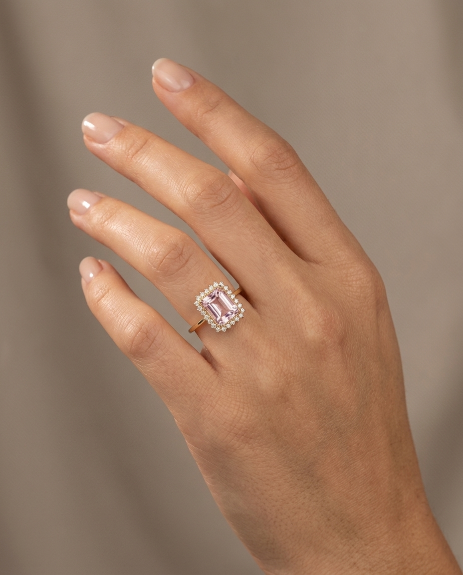 14KT Yellow Gold Kunzite and Diamonds Ring view 2