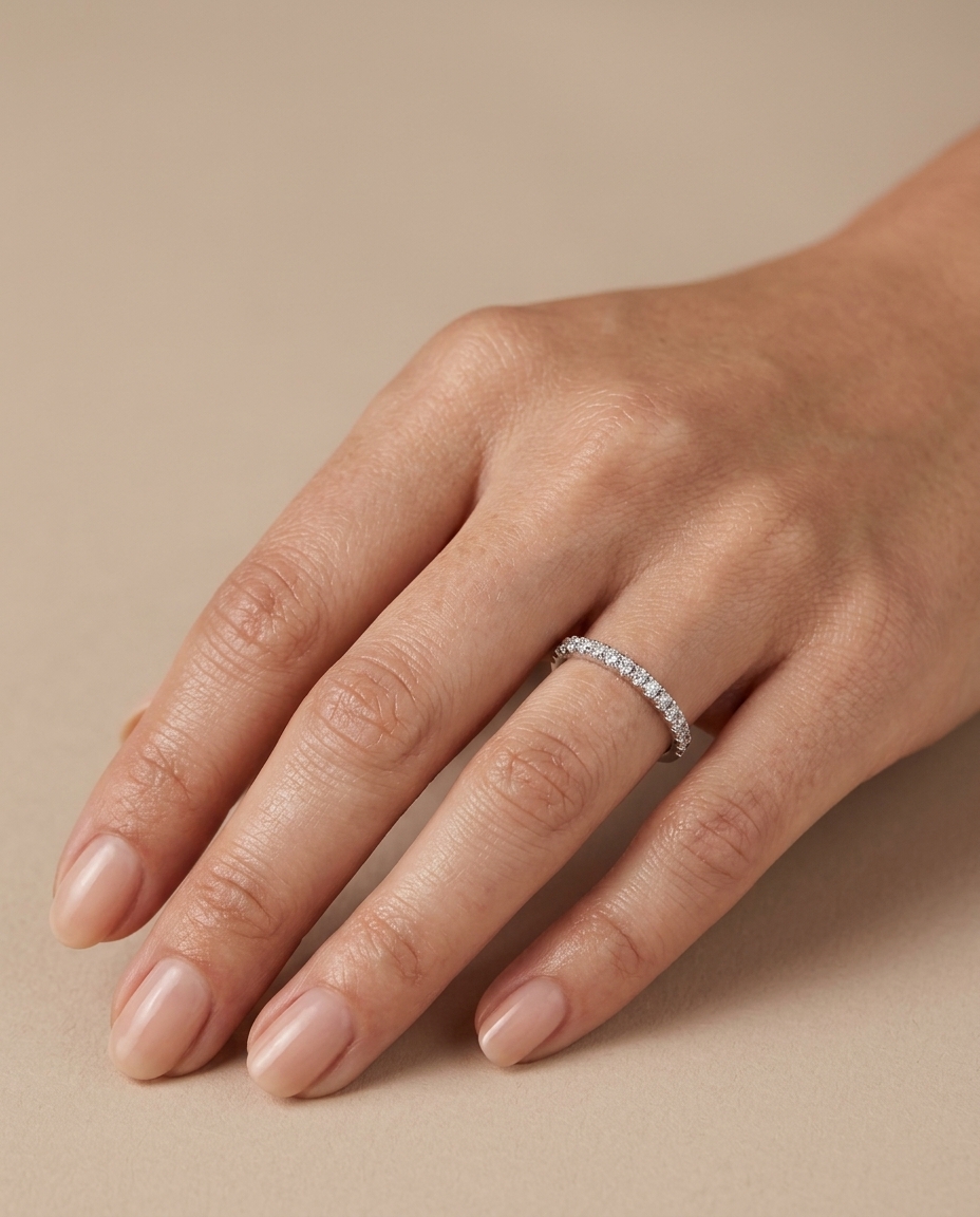 14KT White Gold Diamond Ring Half Band on model