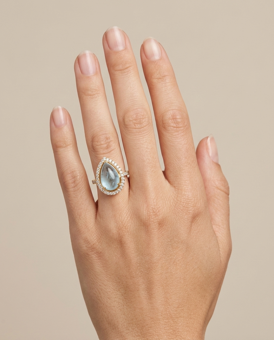14KT Yellow Gold Aquamarine and Diamonds Ring on model