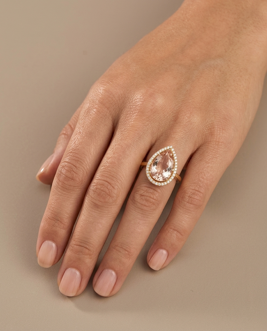 14KT Yellow Gold Morganite and Diamonds Ring on model