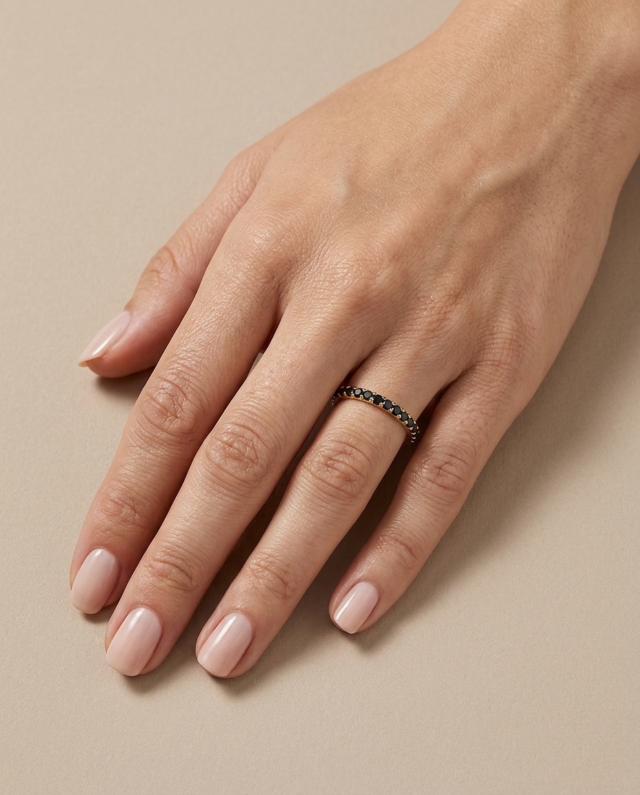 14KT Gold Full Eternity Black Diamond Thin Ring Band view 2