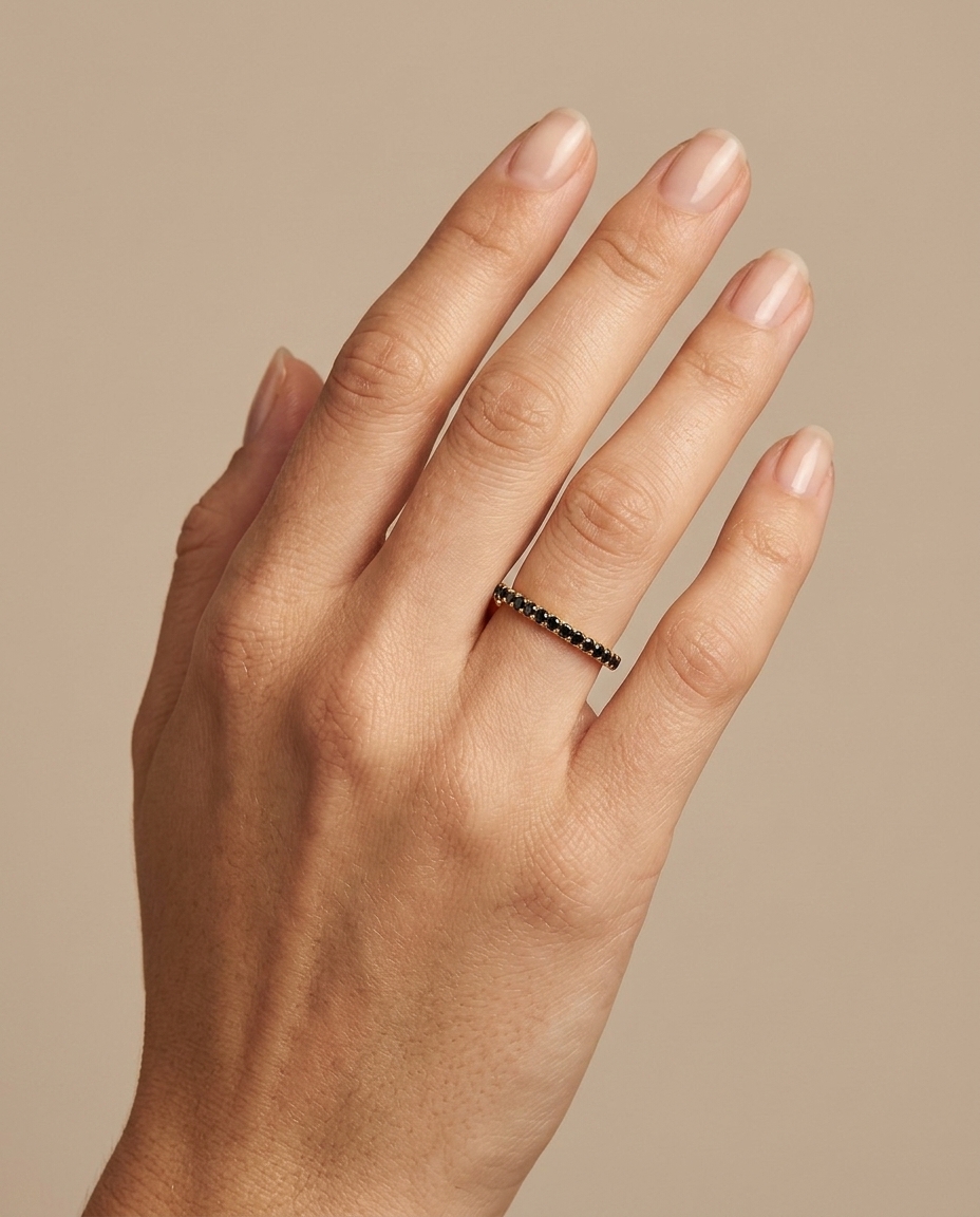 14KT Gold Full Eternity Black Diamond Thin Ring Band view 2