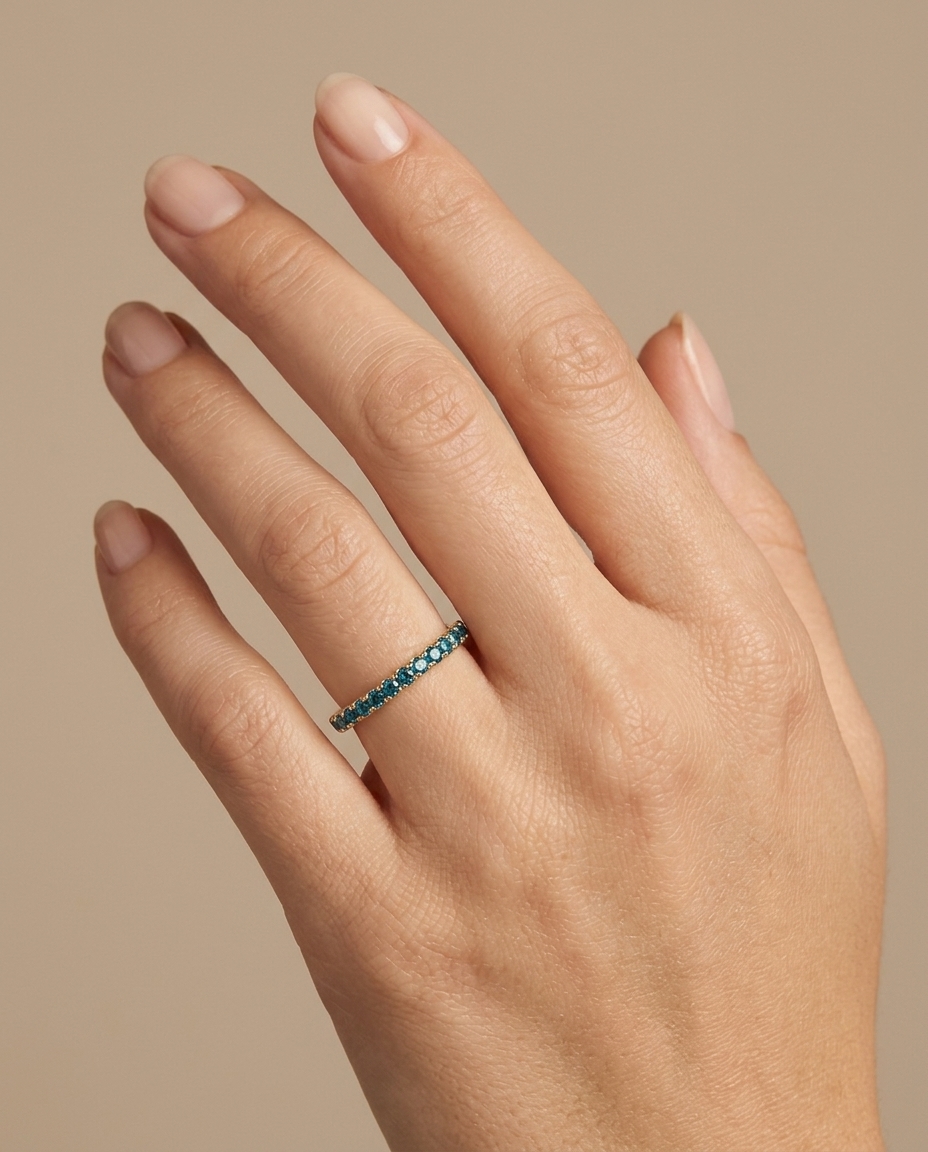 14KT Gold Full Eternity Blue Diamond Thin Ring Band view 2