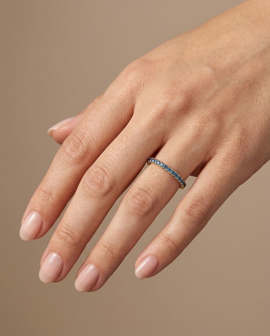 14KT Gold Full Eternity Blue Diamond Thin Ring Band on model