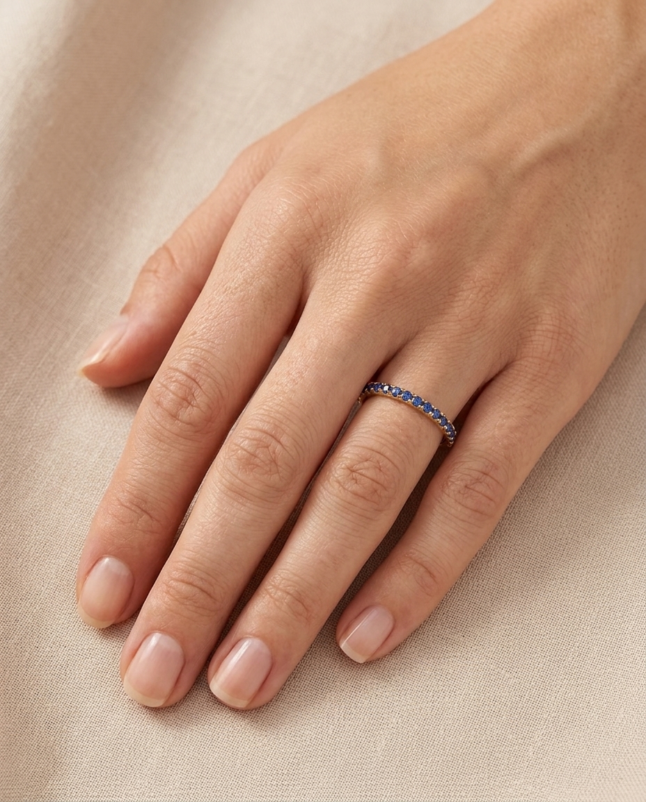 14KT Gold Full Eternity Blue Sapphire Thin Ring Band view 2