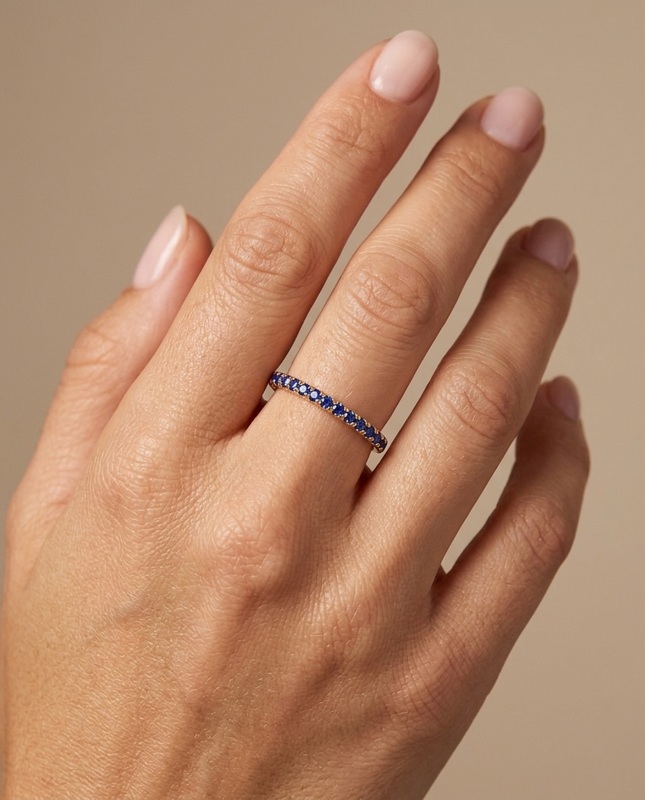 14KT Gold Full Eternity Blue Sapphire Thin Ring Band on model