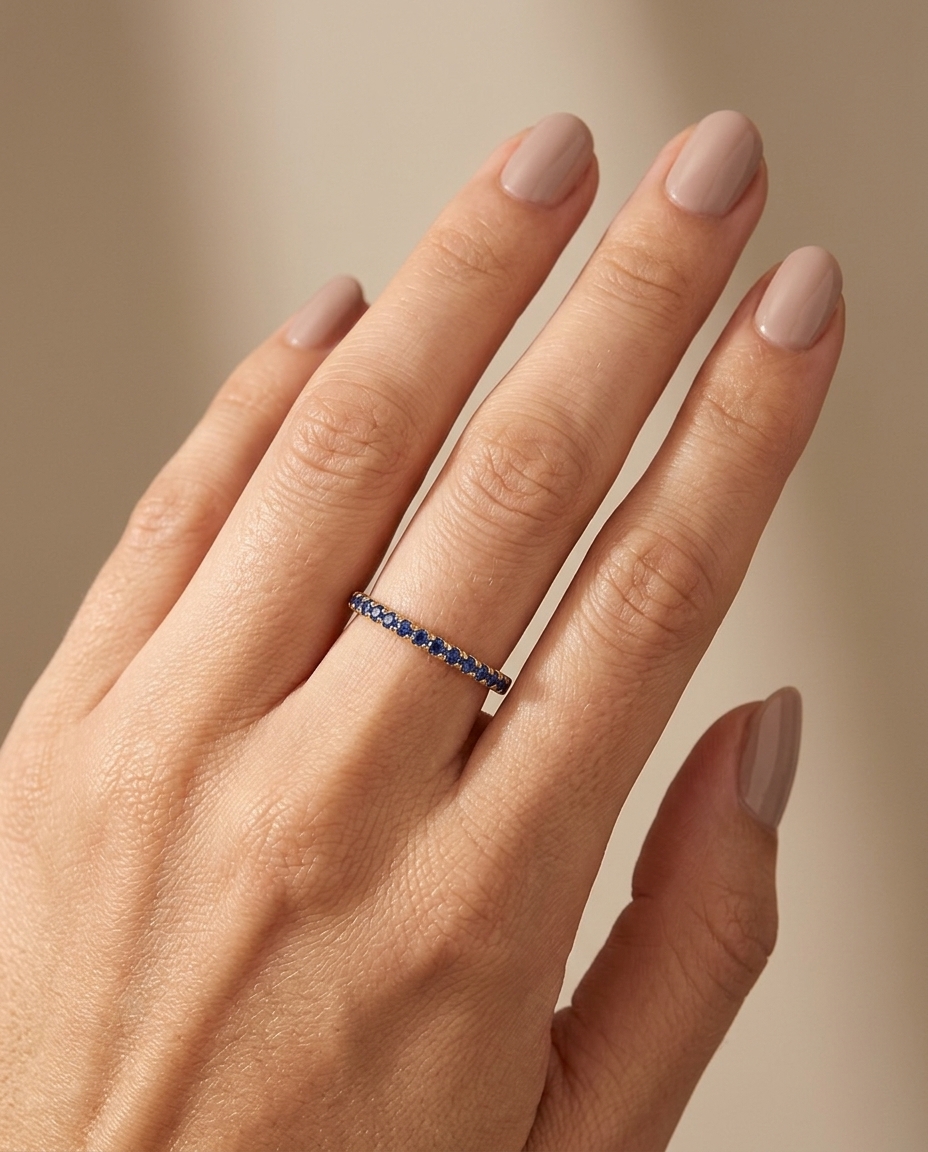 14KT Gold Full Eternity Blue Sapphire Thin Ring Band view 2