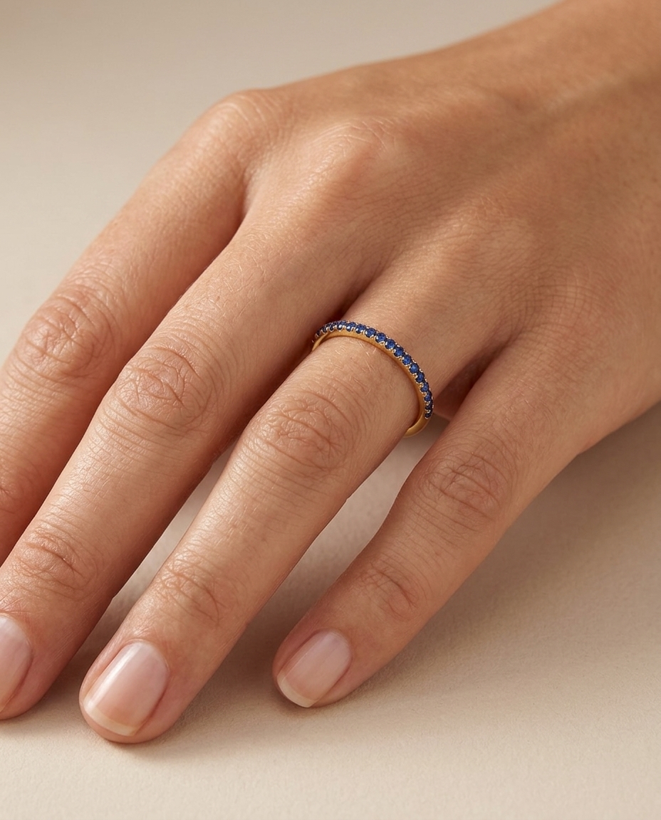 14KT Gold Full Eternity Blue Sapphire Thin Ring Band on model