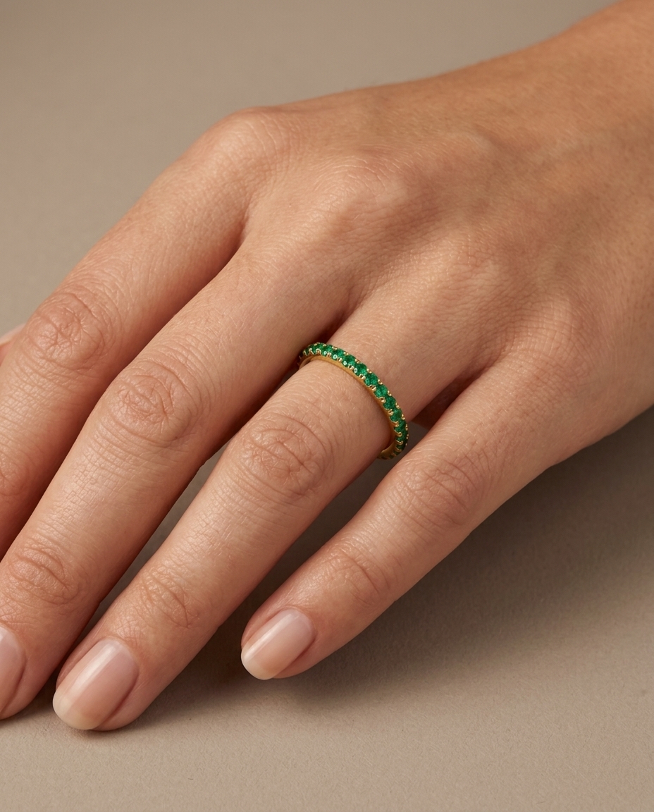 14KT Gold Full Eternity Emerald Thin Ring Band view 2