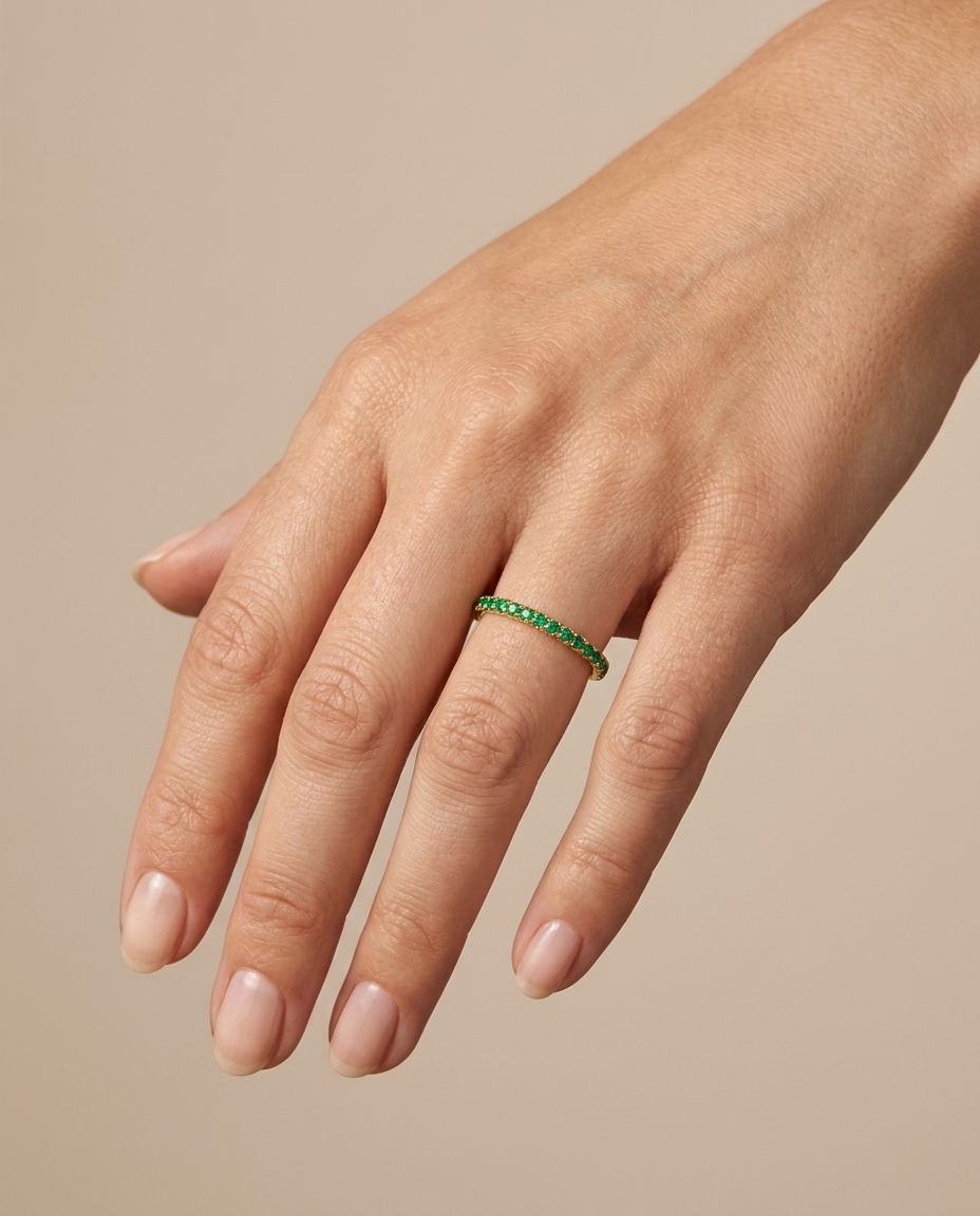 14KT Gold Full Eternity Emerald Thin Ring Band on model