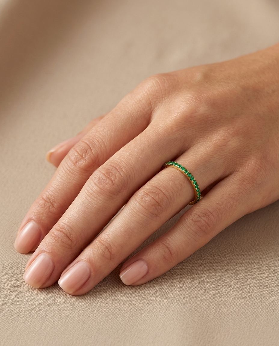 14KT Gold Full Eternity Emerald Thin Ring Band on model