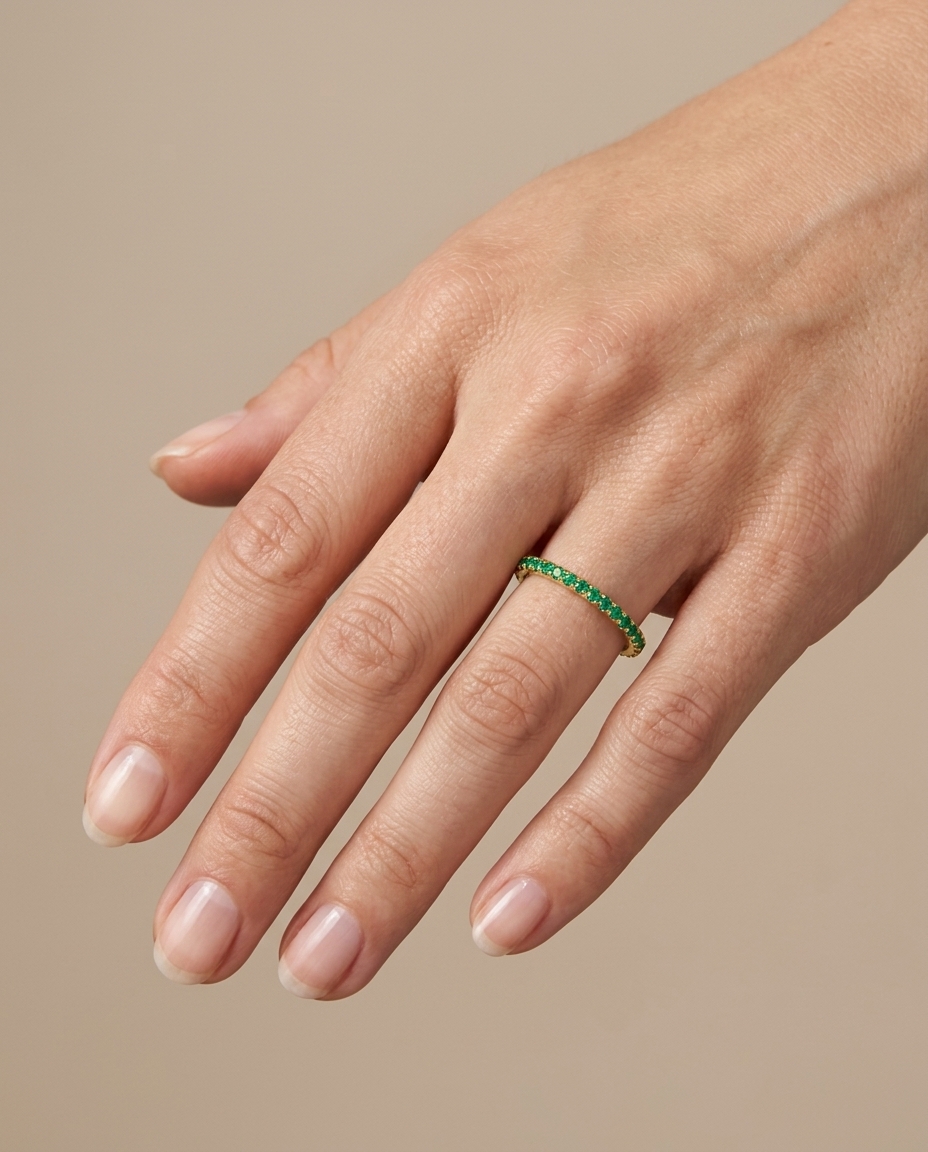 14KT Gold Full Eternity Emerald Thin Ring Band on model