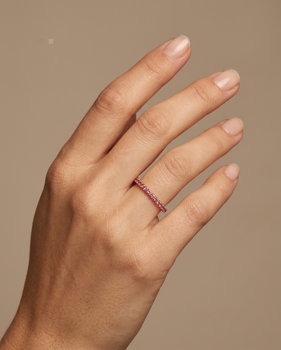 14KT Gold Full Eternity Pink Sapphire Thin Ring Band view 2