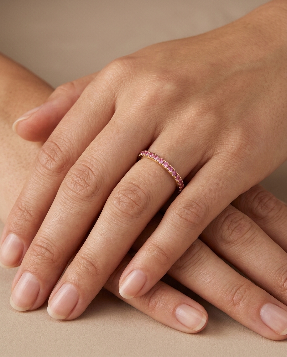 14KT Gold Full Eternity Pink Sapphire Thin Ring Band view 2