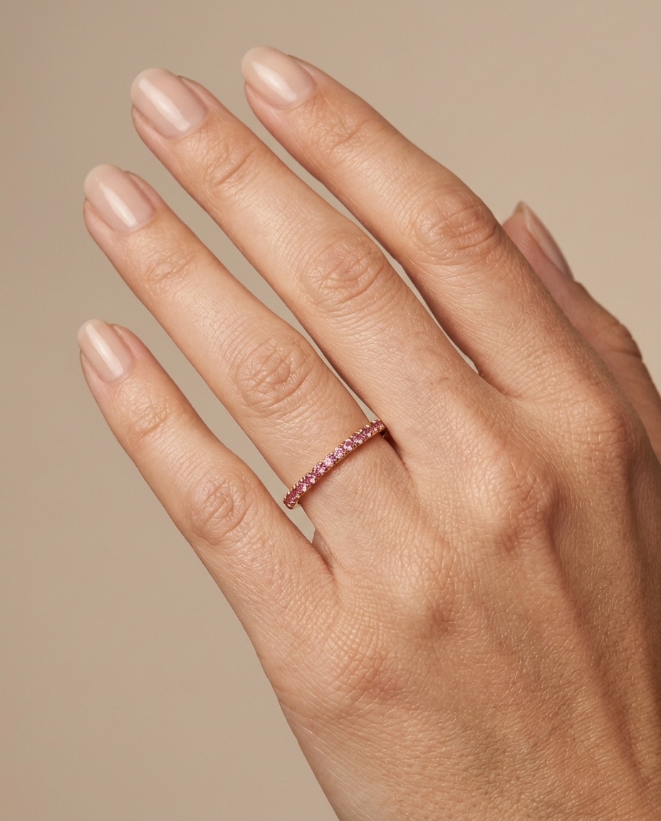 14KT Gold Full Eternity Pink Sapphire Thin Ring Band on model